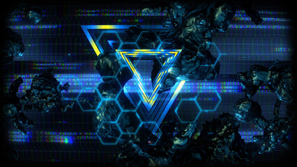 Wall Mural - A data screen style background of strange synthetic formations of undulating organic looking material pulsating with glowing data glitch and interference effects.