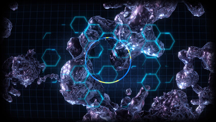 Wall Mural - A data screen style background of strange synthetic formations of undulating organic looking material pulsating with glowing data glitch and interference effects.