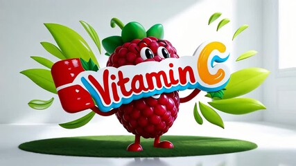 Wall Mural - Cartoon happy character raspberry with sign inscription vitamin C

