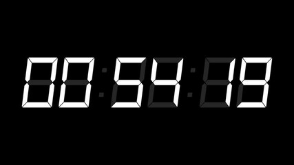 Animation countdown timer One minute. Glowing led electronic white digits on black background with alpha channel.