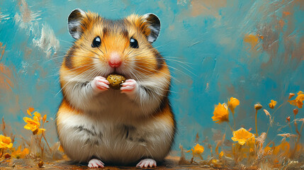 A cute, fluffy hamster holds a snack while sitting against a vibrant background filled with flowers and a bright blue sky.