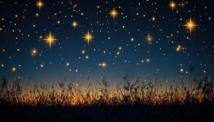 Wall Mural - Twilight sky with glowing constellations over a grassy horizon