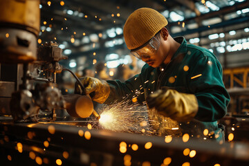 A man in a green jacket is working on a machine with sparks flying