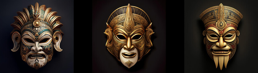 Wall Mural - Three intricately carved masks with various features and styles are isolated against a black background.