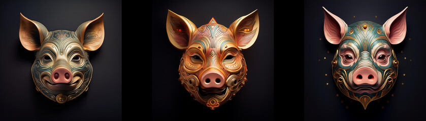 Wall Mural - Three pig masks isolated against a black background. The masks have unique designs and colors.