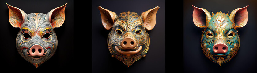 Wall Mural - Three pig masks with intricate designs isolated on a black background.