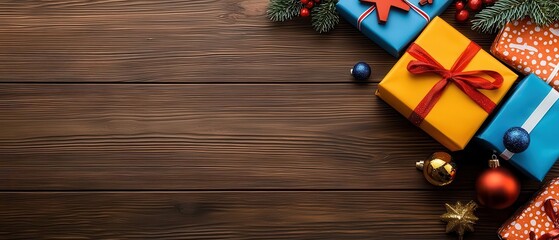 Colorful Christmas presents wrapped with vibrant ribbons on a rustic wooden background.