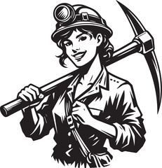 Smiling Coal Miner Ready for Work. Black and white illustration of a cheerful coal miner wearing a headlamp and hardhat, holding a pickaxe over his shoulder, ready to start his shift.