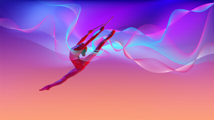 creative design. beautiful young girl, rhythmic gymnastic artist dancing, in dynamic movement on col