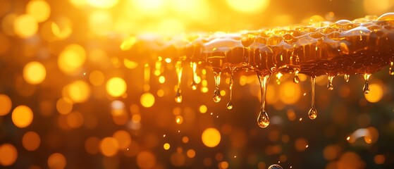 Honeycomb shining in the golden hour light, honey dripping from the cells, with bubbles forming around the dripping honey, adding a magical, golden glow