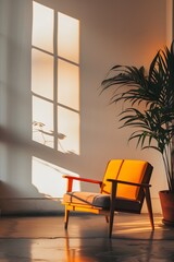 Wall Mural - Warm sunrise illuminating a room with minimalist furniture AI generated illustration