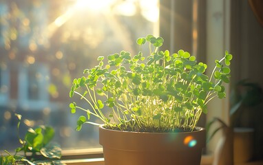 Vibrant microgreens sprouting in a container on a sunny windowsill, bathed in sunlight, adding a fresh and natural touch to the home