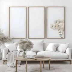 A white sofa with three empty picture frames above it in a minimalistic living room with a coffee table and white flowers