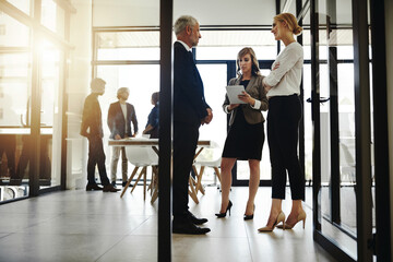 Canvas Print - Business people, meeting and conversation for teamwork, discussion or brainstorming in office. Women, mature man and communication for collaboration, together and mentorship as employees with company