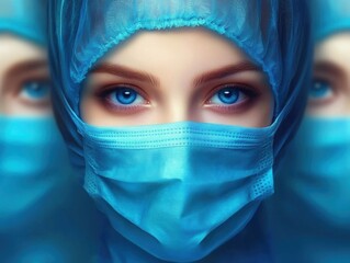 Ophthalmology doctor wearing surgical mask and cap, close up portrait