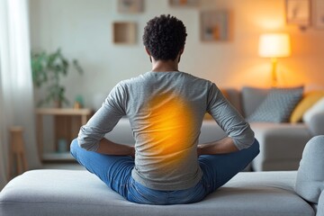 Wall Mural - Men sitting on the sofa and suffering pain at his lower back, Generative AI