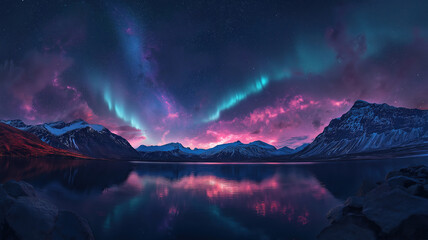 Northern lights illuminating a starry night sky over tranquil lakes and majestic mountains