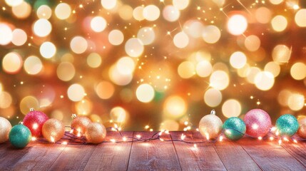 Wall Mural - festive wooden table adorned with christmas ornaments, glowing lights.