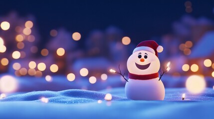 Wall Mural - Snowman with red hat, scarf in snowy landscape, winter holiday scene