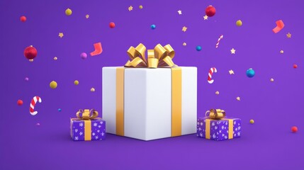 Wall Mural - White gift box with gold ribbon, colorful balloons, festive scene.