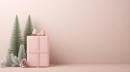 Wall Mural - Pink Christmas gift box beside tree on pink background, festive scene