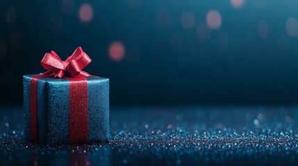 Wall Mural - Blue gift box with red bow, perfect for holiday celebrations.