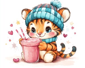 Charming tiger cub character showcasing a colorful beanie, enjoying a refreshing pink smoothie, surrounded by whimsical stars and hearts, isolated on a bright white background