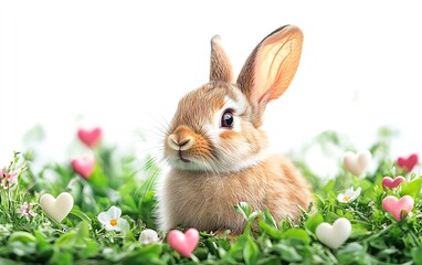 Cute bunny with a joyful expression sitting in lush grass