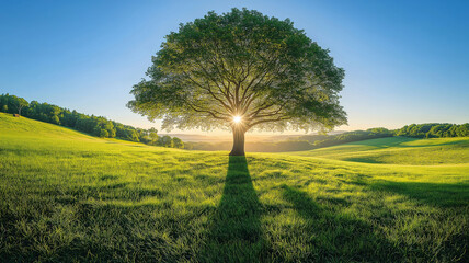 Wall Mural - sunlight filtering through a tree on a green meadow creating a peaceful rural landscape