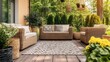 © ZpongXED - A cozy outdoor seating area featuring wicker furniture, a patterned rug, and lush greenery in a sunlit garden.