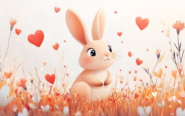 Playful cartoon bunny sitting among vibrant grass and surrounded by floating hearts and flowers, vector illustration, isolated on a bright white backdrop, cute and engaging artwork