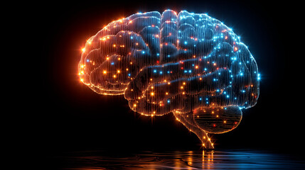 glowing brain with light nodes on a dark reflective surface.