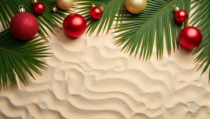 Christmas baubles are lying on the sand next to tropical leaves creating a summer christmas frame background,  festive beach scene, holiday decorations on sand