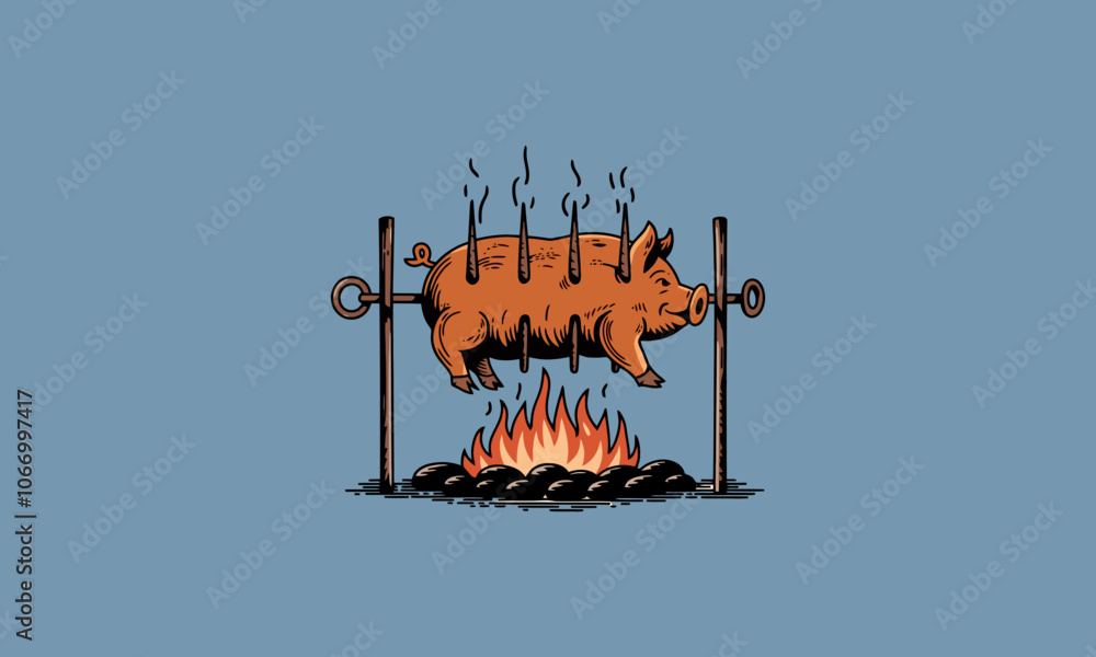 Exploding Pig Drawing Cartoon pig roasting on a spit over open fire illustration Stock Vector ...