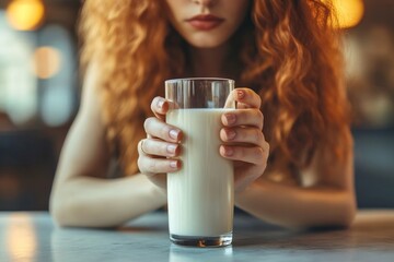 Wall Mural - lactose intolerance concept. Woman pushing glass of milk deny to drink, Generative AI