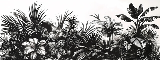  A vibrant black and white illustration showcasing diverse tropical plants, featuring large leaves and intricate details, evoking a lush and exotic atmosphere.