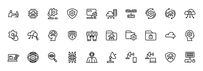  Icon Line Information Technology icon set. Included cloud computing, IT manager, big data, internet, network security, spyware, cloud computing, binary code and more. Outline style