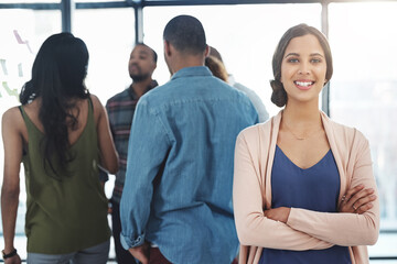 Wall Mural - portrait, business people and woman with arms crossed, confidence and teamwork in modern office. hap