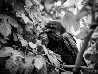 Intricate Raven Explores Textured Foliage