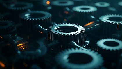 Fototapete - A close-up view of metallic gears with intricate teeth, showcasing reflections and a dark background that enhances their industrial aesthetics.