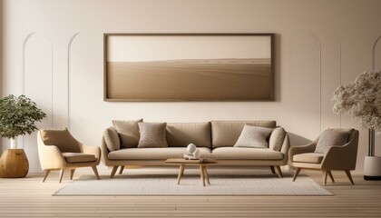  A low, minimalist sofa and lounge chair in muted earth tones, backed by a large, empty frame