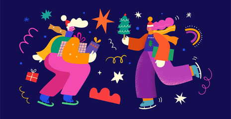Wall Mural - merry christmas holiday illustration. christmas decorative banner with fun people, christmas tree an