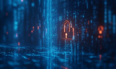 Digital lock symbolizing online security and data protection with a blue glowing background and binary code