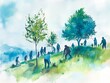© Thongthawee - People Planting Trees in Watercolor Landscape. Symbolizes dedication to nature and community effort in environmental conservation.