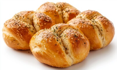 Delectable homemade garlic bread knots on white background