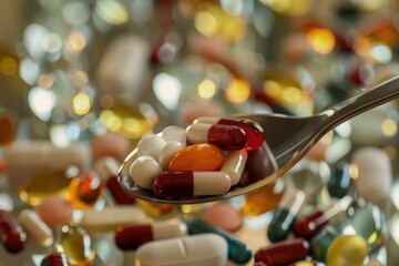 Wall Mural - Close-up of spoonful of various colored prescription medications.