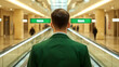 © PTC_KICKCAT - A man in a green blazer stands on an escalator, facing away, in a modern shopping center with bright lighting and green signage.