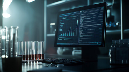 A computer screen displaying data analysis in scientific research and experimentation and test tubes at high tech laboratory