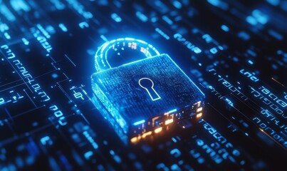 Digital lock symbolizing online security and data protection with a blue glowing background and binary code