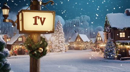 Wall Mural - 1TV logo as a sparkling ice sculpture in the center of a winter wonderland scene, surrounded by snow-covered pine trees, twinkling Christmas lights, and softly falling snowflakes